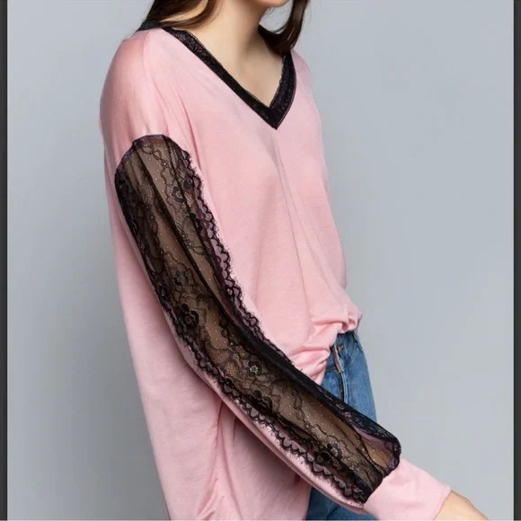 108. NWOT POL Pink Blouse with Black Lace Sleeves and Open Back Detail - Picture 6 of 7